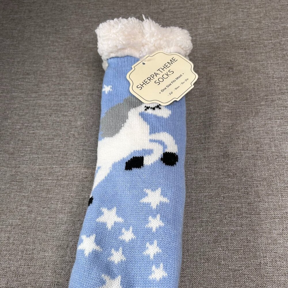 Sherpa Theme Socks One Size Galloping Unicorn White Blue Soft Warm Non Slip NWT